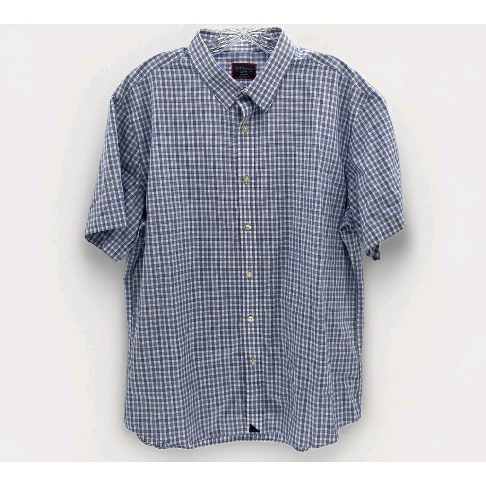 Untuckit Mens Shirt XL Blue White Gingham Plaid Dante Short Sleeve Button Up